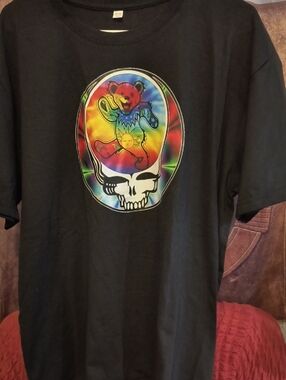 Unisex Rock & Roll Black Graphic Tee with Tie-Dye Skull & Bear Design